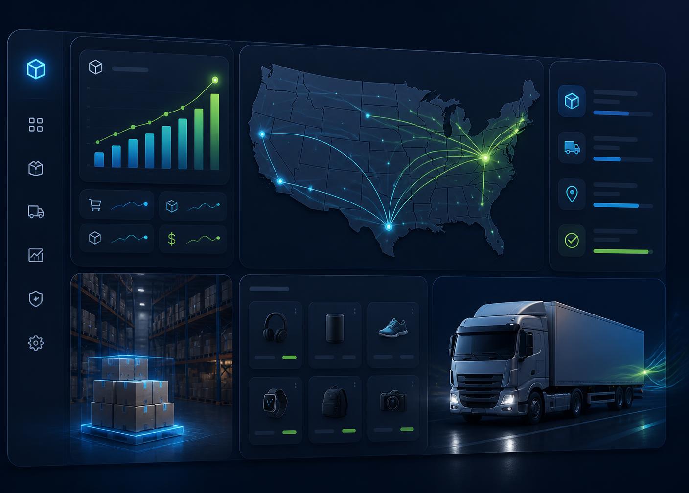Tariq Shop warehouse dashboard showing US shipping routes, live order analytics, and same-day fulfillment